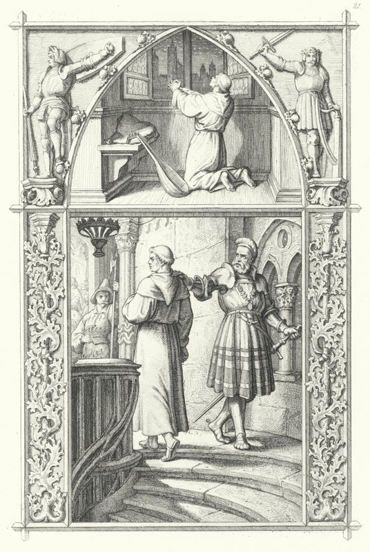 Martin Luther i bønn mens han forbereder seg på Diet of Worms (øverst). Georg von Frundsberg gir oppmuntring til Martin Luther (nederst) (gravering) av Gustav Ferdinand Leopold Konig