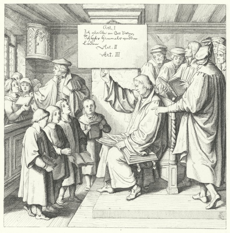 Martin Luther introduserer katekismen for skolebarn (gravering) av Gustav Ferdinand Leopold Konig