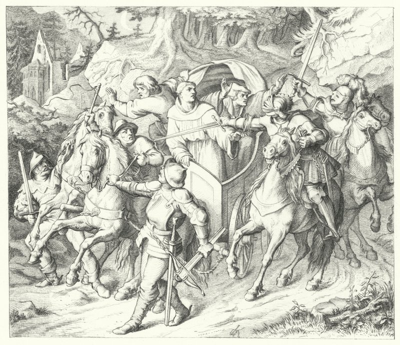 Martin Luther blir bortført når han kommer tilbake fra Diet of Worms, 1521 av Gustav Ferdinand Leopold Konig