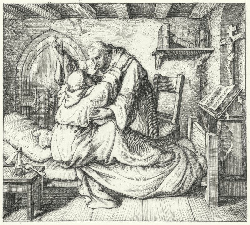 Martin Luther blir trøstet av en medmunk under hans åndelige pine i klosteret (gravering) av Gustav Ferdinand Leopold Konig