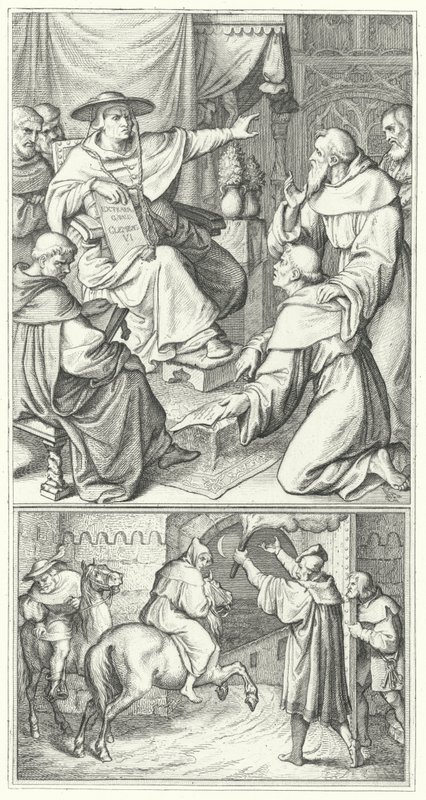 Martin Luther forlater pavens legat i Wittenberg, Thomas Cajetan (øverst). Martin Luther forlater byen Augsburg (nederst) (gravering) av Gustav Ferdinand Leopold Konig
