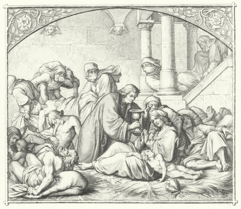 Martin Luther tilbyr trøst til de som lider av pesten (gravering) av Gustav Ferdinand Leopold Konig