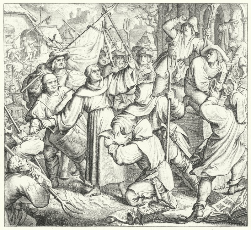Martin Luther forkynner mot opprørerne og bondekrigen (gravering) av Gustav Ferdinand Leopold Konig