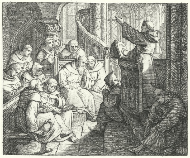 Martin Luther forkynner for Johann von Staupitz og de andre munkene ved klosteret (gravering) av Gustav Ferdinand Leopold Konig