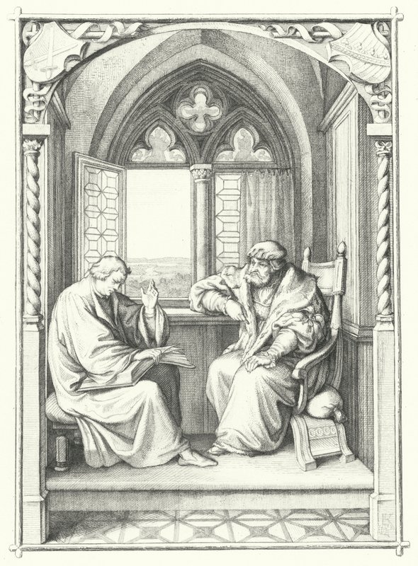 Martin Luther leser fra Bibelen for Johannes, kurfyrst av Sachsen (gravering) av Gustav Ferdinand Leopold Konig