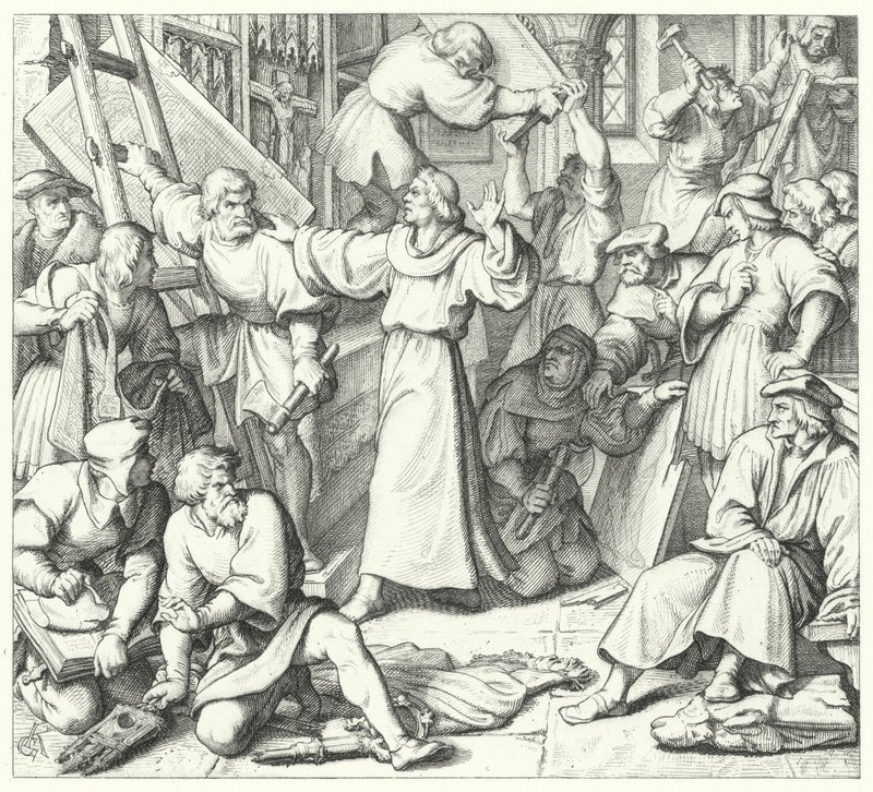 Martin Luther holder tilbake ikonoklastene ved Wittenberg (gravering) av Gustav Ferdinand Leopold Konig
