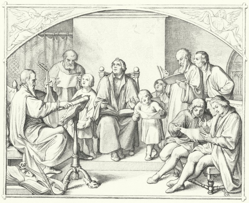 Martin Luther synger med et kirkekor (gravering) av Gustav Ferdinand Leopold Konig