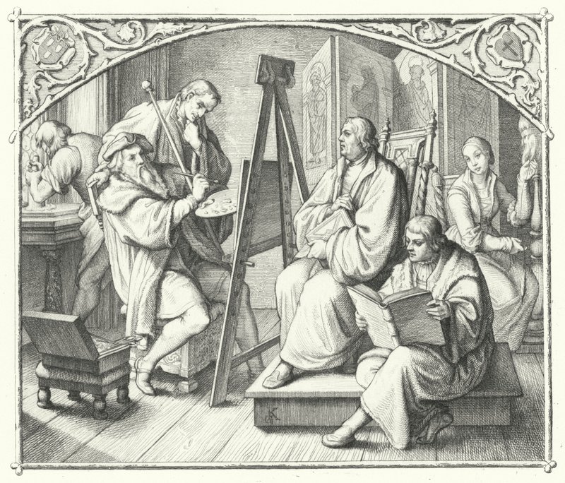 Martin Luther sitter for et maleri av Lucas Cranach den eldste (gravering) av Gustav Ferdinand Leopold Konig