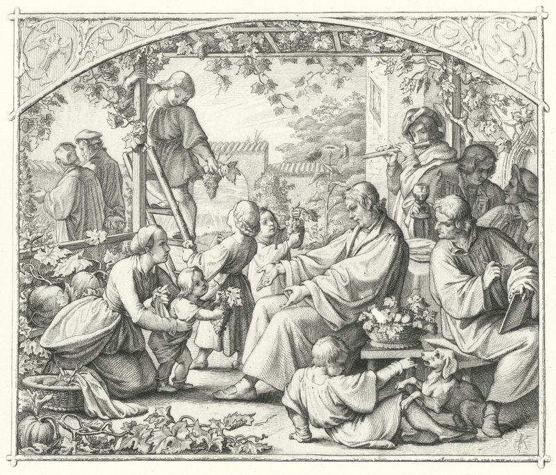 Martin Luther med familien og noen av hans samtidige nyter sommeren (gravering) av Gustav Ferdinand Leopold Konig