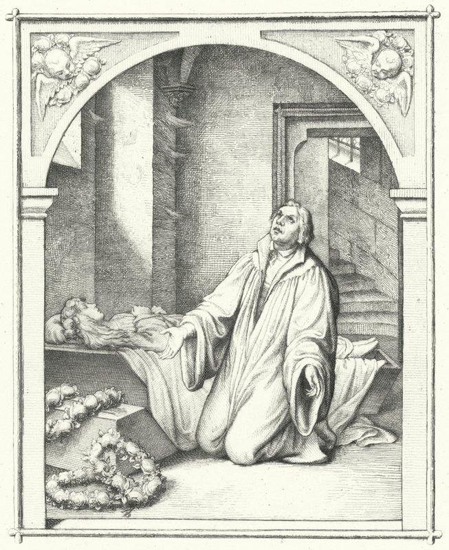 Martin Luther med den døde kroppen til datteren Magdalena, 1542 av Gustav Ferdinand Leopold Konig
