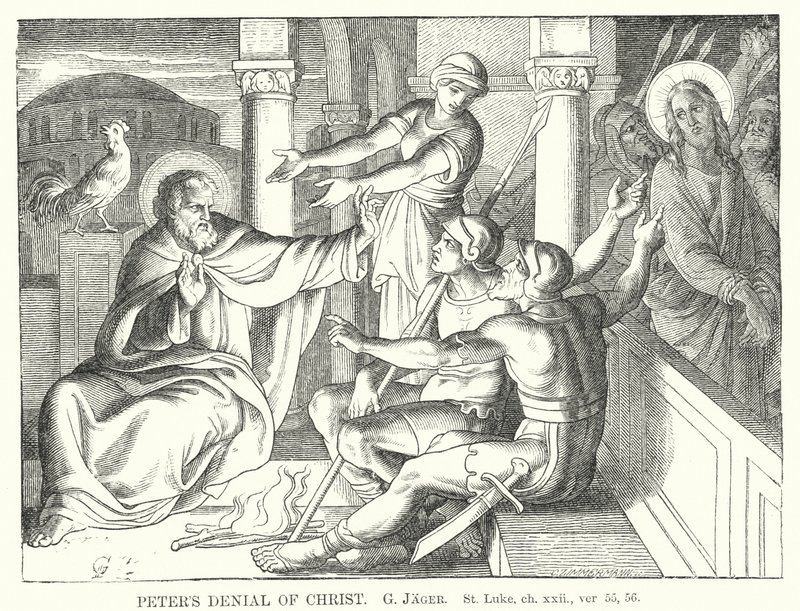 Peters fornektelse av Kristus, St. Lukas, kap xxii, ver 55, 56 (gravering) av Gustav Jager