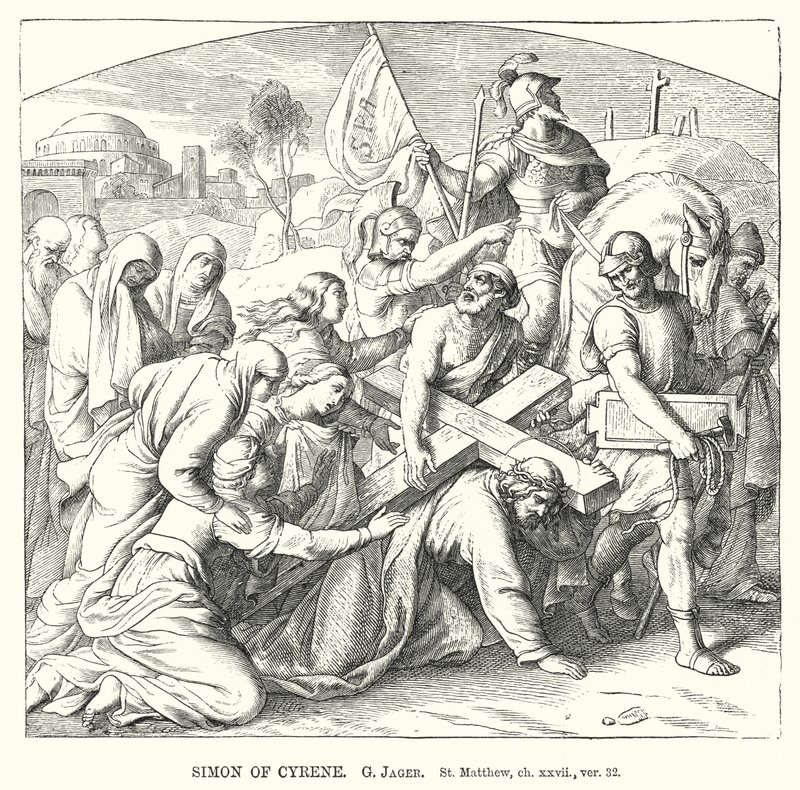 Simon av Kyrene, St Matteus, kap xxvii, ver 32 (gravering) av Gustav Jager
