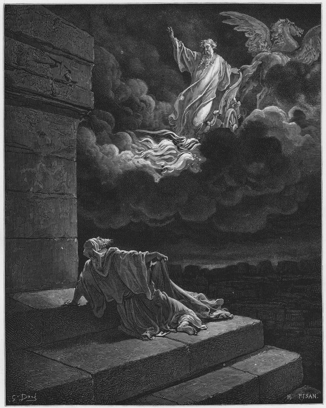 Gustave Dore Bibelen: Elias tatt opp til himmelen i en ildvogn av Gustave Dore