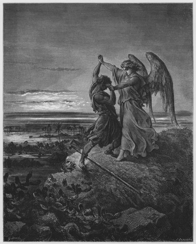 Gustave Dore Bibelen: Jakob bryter med engelen av Gustave Dore