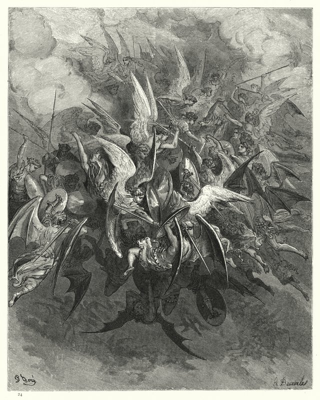 Illustrert av Gustave Dore for Miltons Paradise Lost, bok VI, linjene 207-209 av Gustave Dore