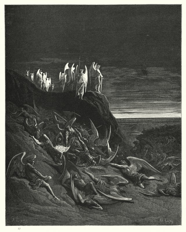 Illustrert av Gustave Dore for Miltons Paradise Lost, bok VI, linjer 410-412 av Gustave Dore