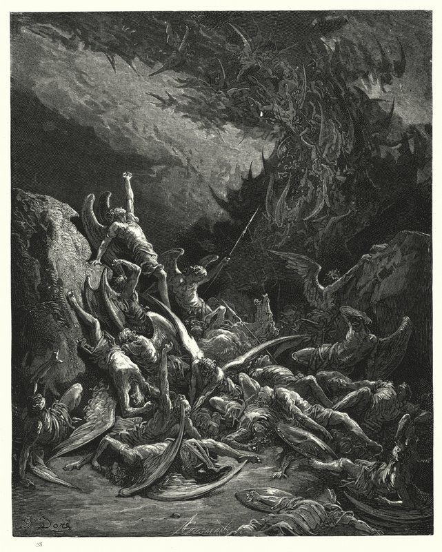 Illustrert av Gustave Dore for Miltons Paradise Lost, bok VI, linje 871 av Gustave Dore