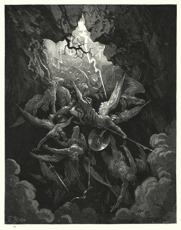 Illustrasjon av Gustave Dore for Miltons Paradise Lost, bok VI, linje 874, 875 av Gustave Dore