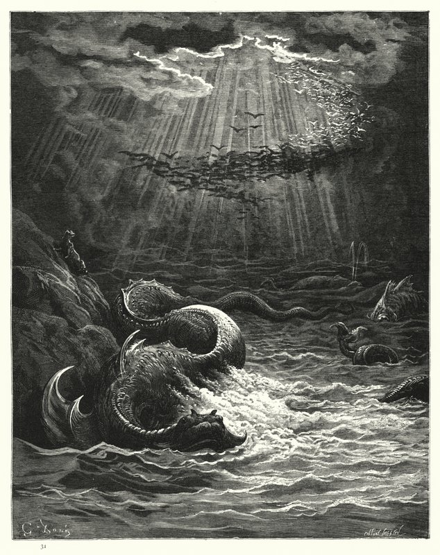 Illustrasjon av Gustave Dore for Miltons Paradise Lost, bok VII, linjene 387-389 av Gustave Dore