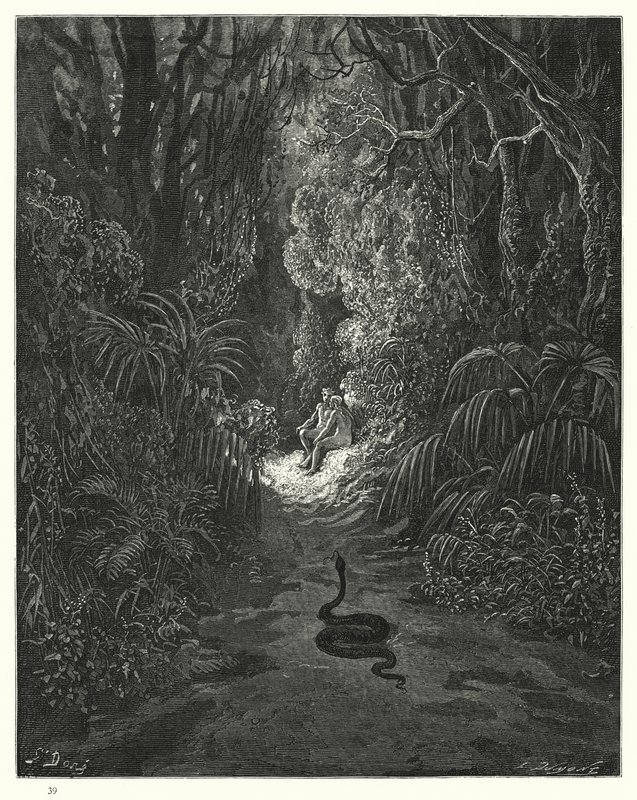 Illustrasjon av Gustave Dore for Miltons Paradise Lost, bok IX, linje 434, 435 av Gustave Dore