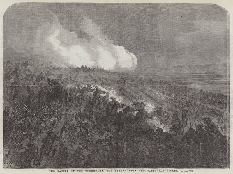 Slaget ved Tchernaya, angrepet på den sardinske piketten av Gustave Dore