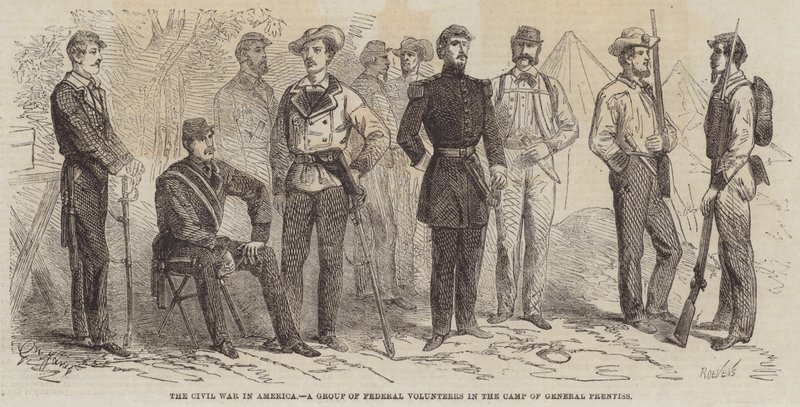 Borgerkrigen i Amerika, en gruppe føderale frivillige i leiren til general Prentiss av Gustave Janet