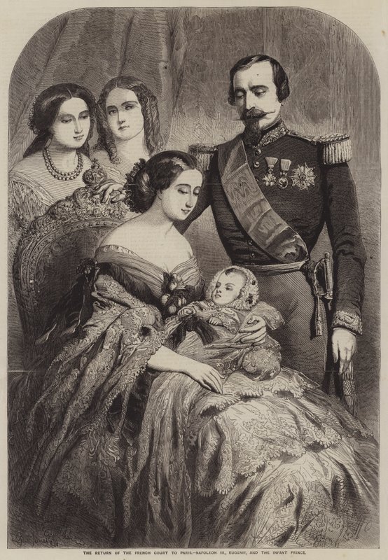 Det franske hoffets retur til Paris, Napoleon III, Eugenie og spedbarnsprinsen av Gustave Janet