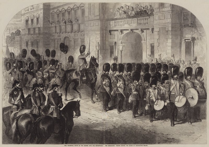 Vaktenes triumferende inntog i Metropolis, Grenadierene passerte foran dronningen ved Buckingham Palace av Gustave Janet