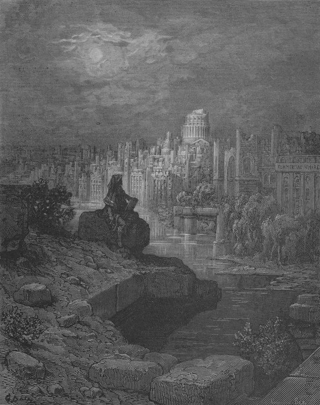 Reisende vil sitte på ruinene ved Themsen av Gustave after Dore