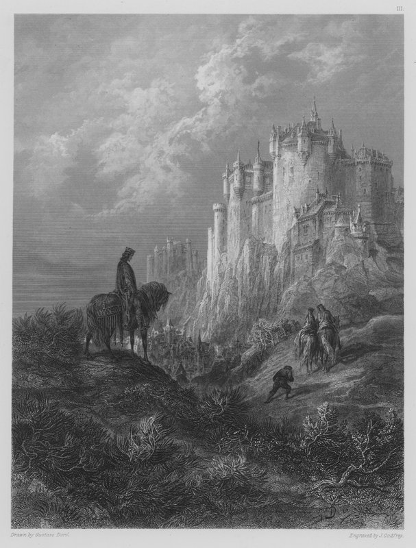 Edyrn med sin Lady and Dwarf-reise til Arthurs Court av Gustave after Dore