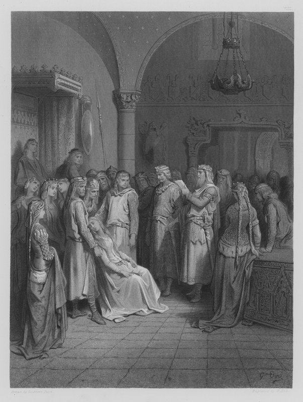 Kong Arthur leser brevet til Elaine av Gustave after Dore