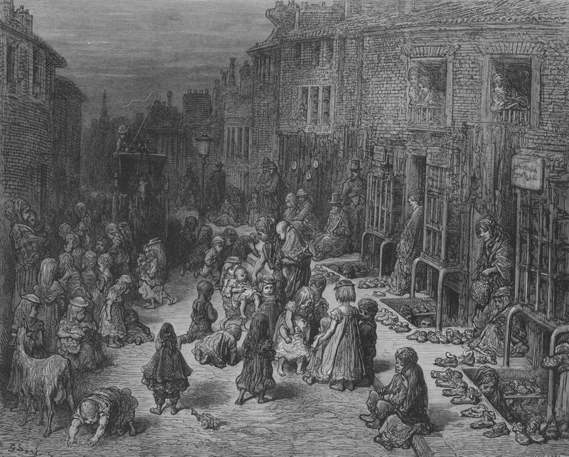 The Old Shoe Fair, Dudley-Street av Gustave after Dore