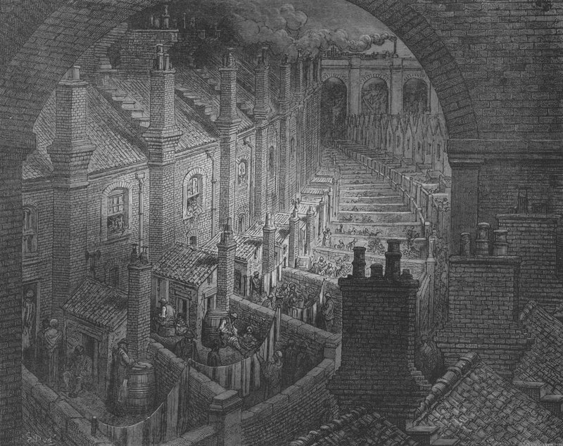 London, utsikt tatt fra jernbanen over hustakene av Gustave after Dore