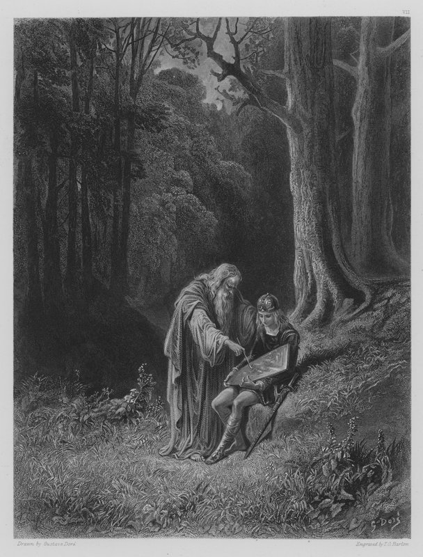 Merlin maler Young Knights Shield av Gustave after Dore