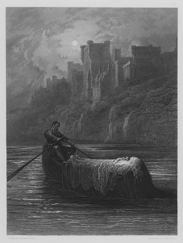 Liket av Elaine på vei til King Arthurs Palace av Gustave after Dore