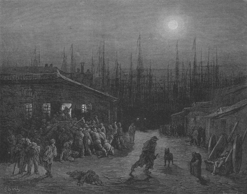 Tumult, om natten, i havna av Gustave after Dore
