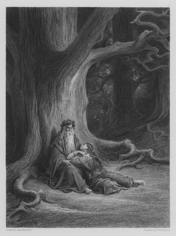 Vivien og Merlin hviler av Gustave after Dore