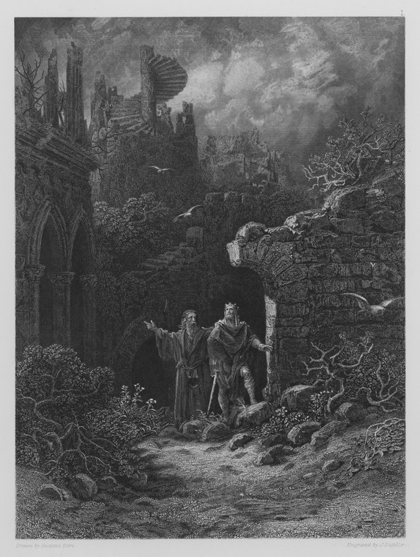 Yniol viser prins Geraint hans ødelagte slott av Gustave after Dore
