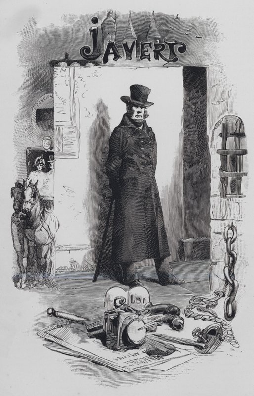 Scene fra Les Miserables, av Victor Hugo: Javert, detektiven (gravering) av Gustave (after) Brion