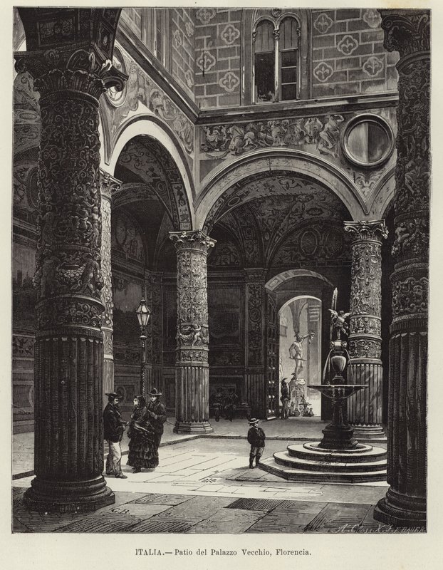 Italia - Gårdsplassen til Palazzo Vecchio, Firenze av Gustave Bauernfeind