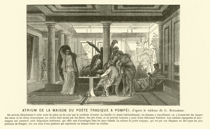 Atrium til det gamle romerske huset til den tragiske poeten, Pompeii (gravering) av Gustave Clarence Rodolphe Boulanger