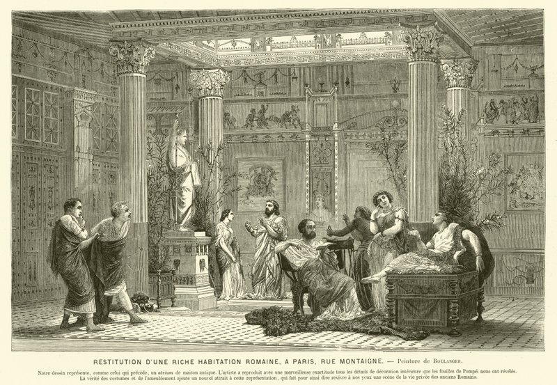 Rekonstruksjon av huset til en velstående romer, Rue Montaigne, Paris, Frankrike (gravering) av Gustave Clarence Rodolphe Boulanger