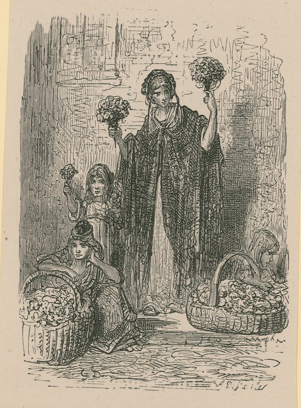 En gruppe unge kvinner som selger blomster fra kurver av Gustave Dore