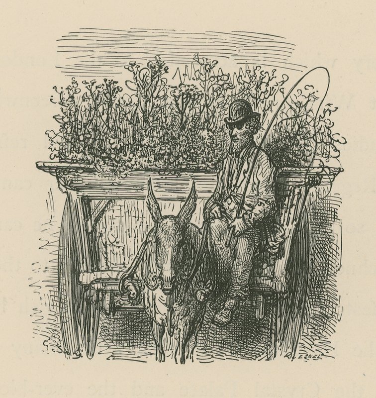 En mann som kjører en vogn lastet med planter og blomster av Gustave Dore