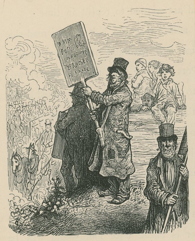 En mann holder et plakat under en protest av Gustave Dore