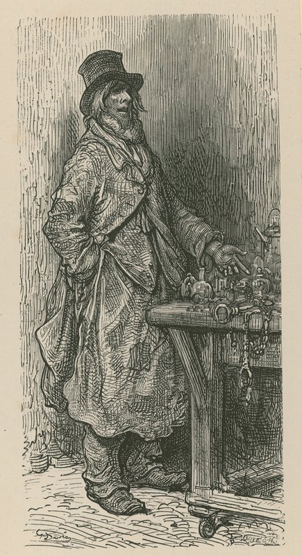 En mann står og selger varene sine fra en markedsbod av Gustave Dore