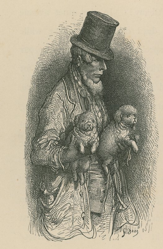 En mann med topphatt mens han holder to hunder i hendene av Gustave Dore