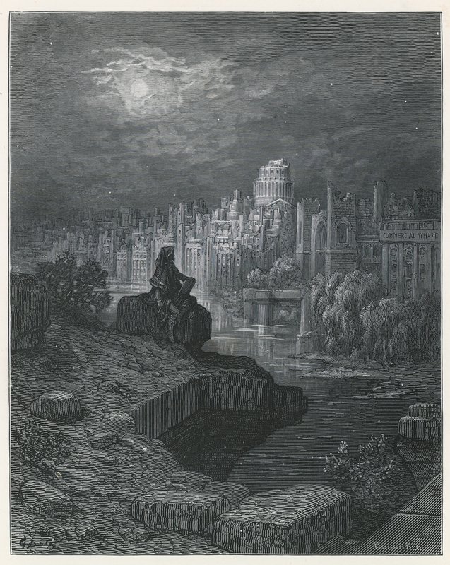 En reisende fra New Zealand som vurderer ruinene av London av Gustave Dore