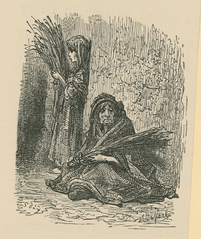 En kvinne og en ung jente som selger tørre blomster av Gustave Dore