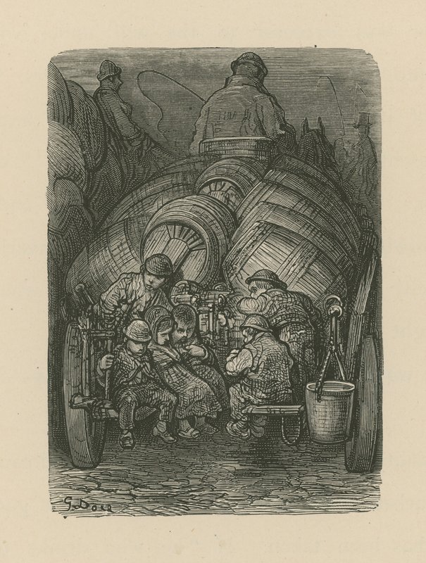 Barn som sitter på baksiden av en bryggerileveringsvogn av Gustave Dore
